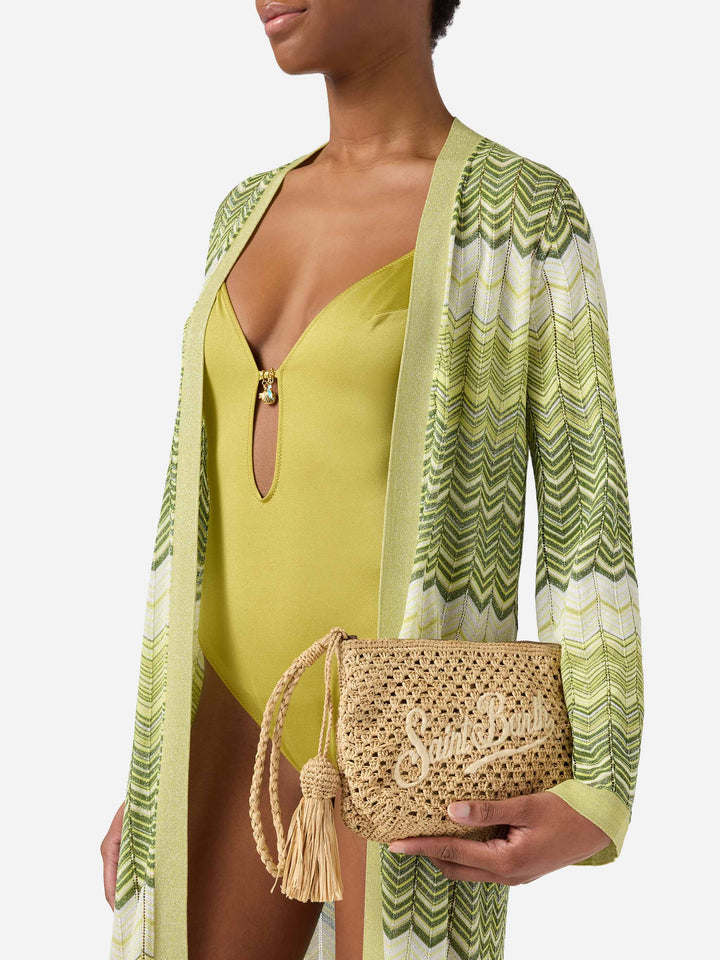 Pouch in rafia intrecciata naturale con logo ricamato