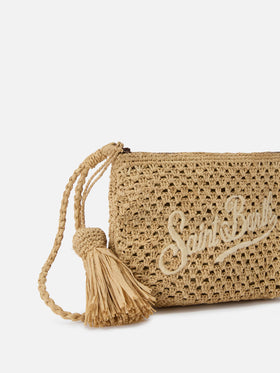 Pouch in rafia intrecciata naturale con logo ricamato