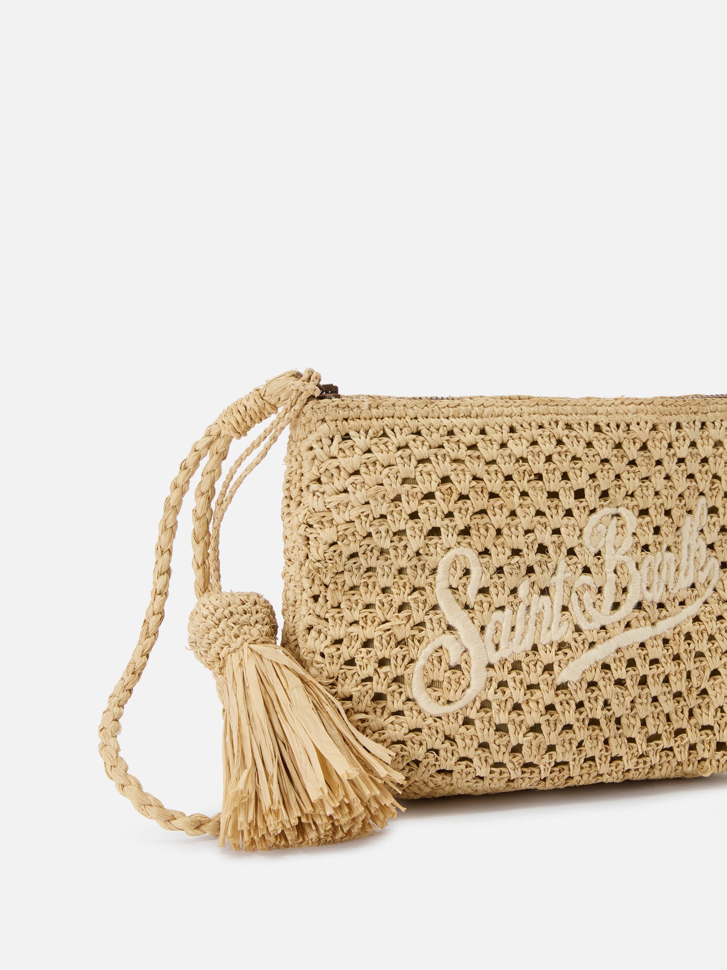 Pouch in rafia intrecciata naturale con logo ricamato