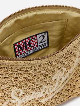 Pouch in rafia intrecciata naturale con logo ricamato