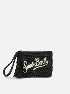 Pouch in rafia intrecciata nera con logo ricamato