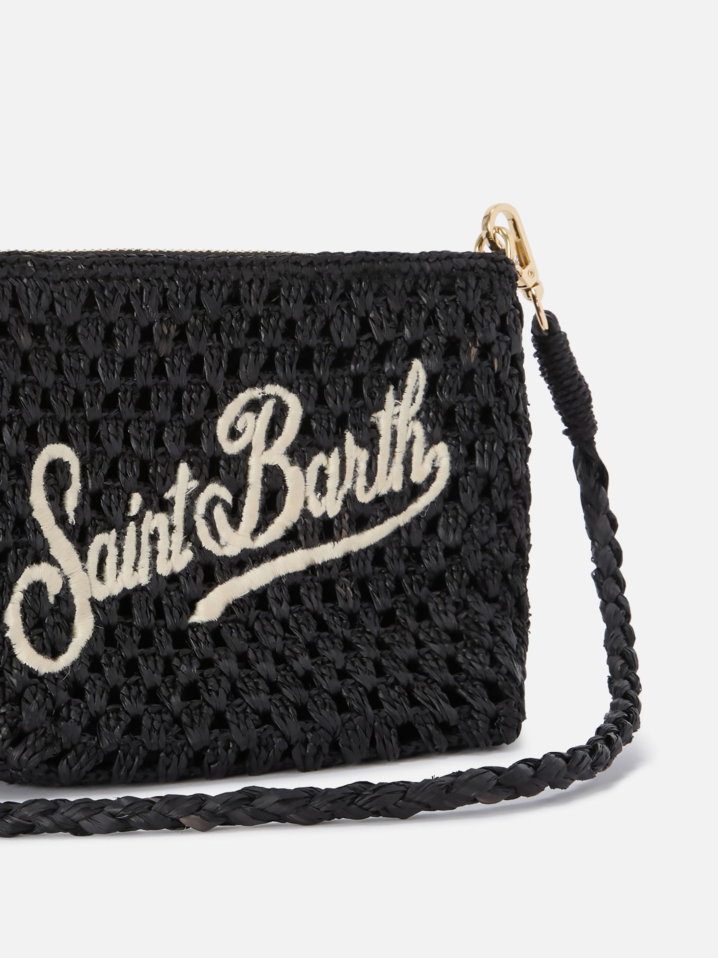 Pouch in rafia intrecciata nera con logo ricamato
