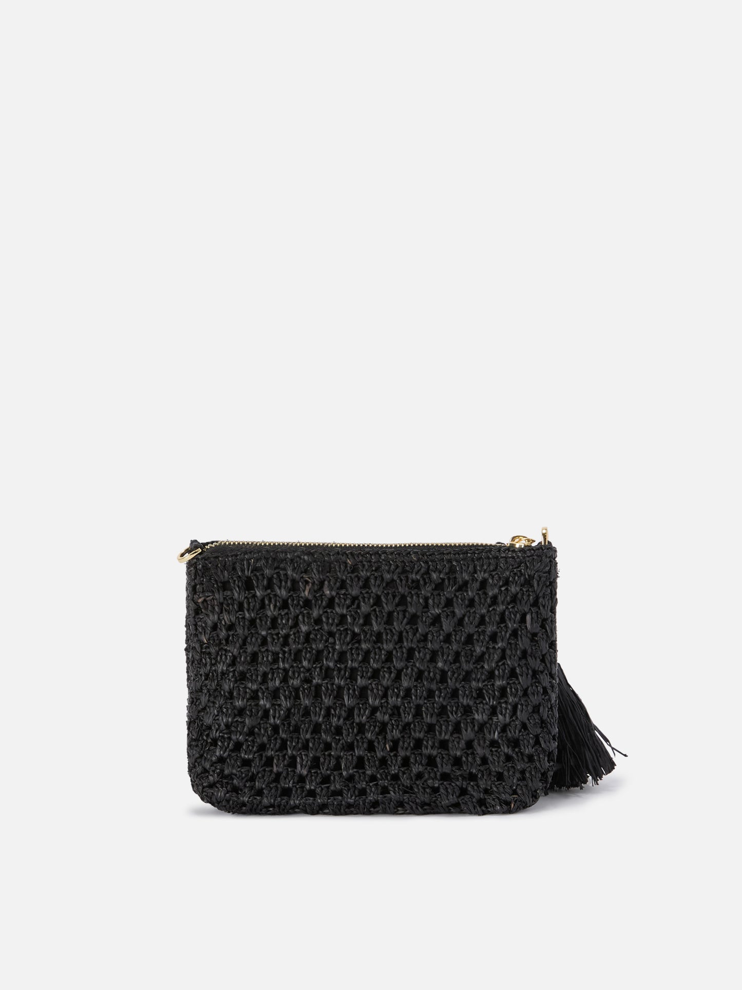Pouch in rafia intrecciata nera con logo ricamato