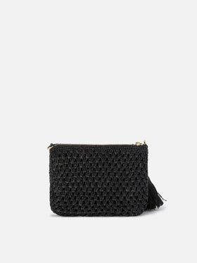 Pouch in rafia intrecciata nera con logo ricamato