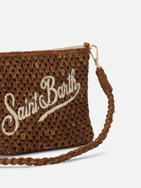 Brown Raffia pouch with embroidered logo
