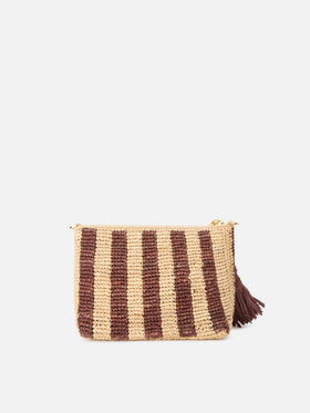 Striped raffia pouch with embroidered logo