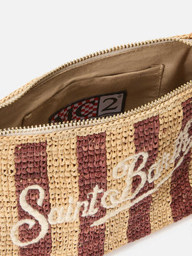 Striped raffia pouch with embroidered logo