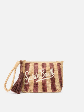 Striped raffia pouch with embroidered logo