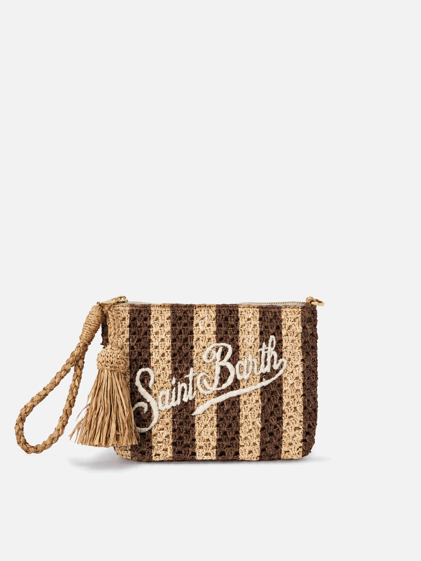 Pouch in rafia intrecciata a righe con logo ricamato