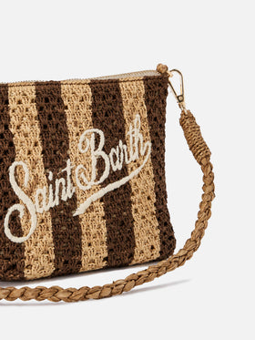 Pouch in rafia intrecciata a righe con logo ricamato