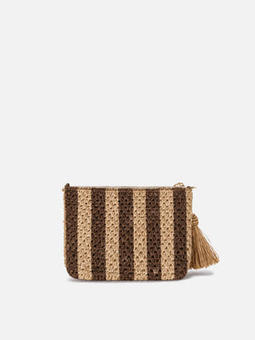 Pouch in rafia intrecciata a righe con logo ricamato