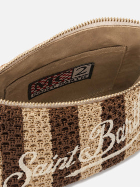 Pouch in rafia intrecciata a righe con logo ricamato
