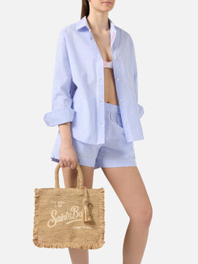 Borsa Volant medium in raffia con logo ricamato