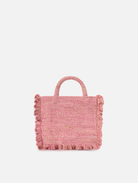 Borsa Volant Mini in raffia rosa con logo ricamato