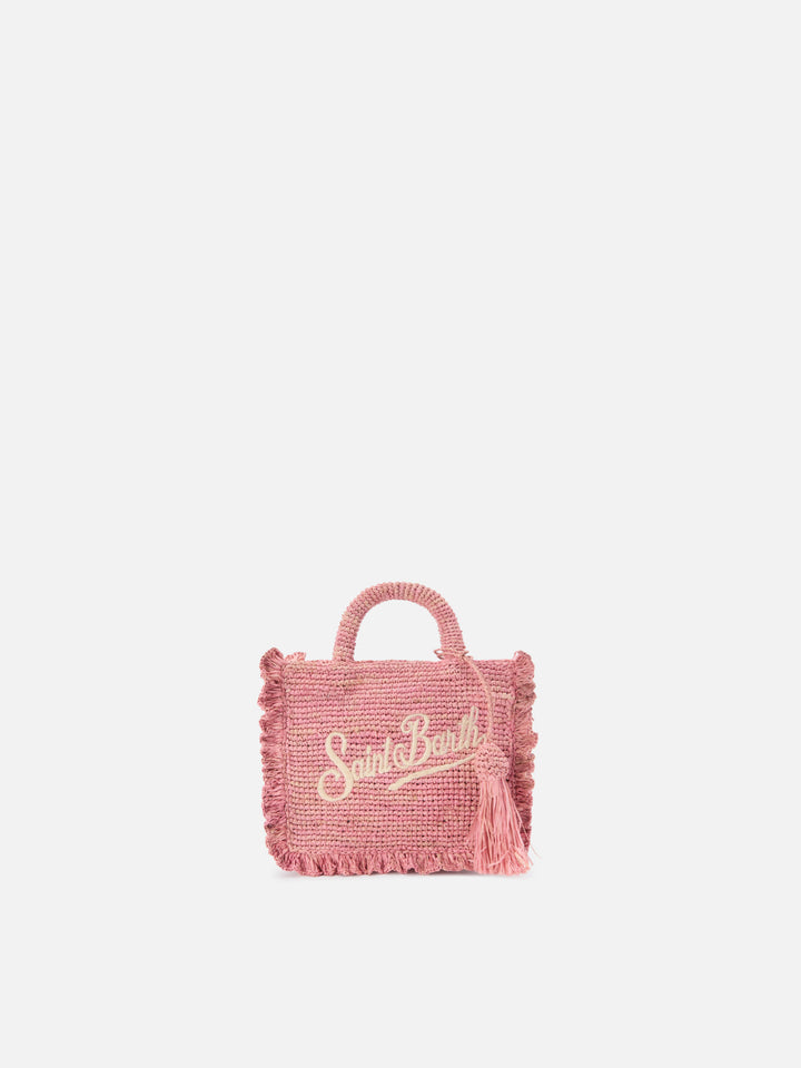 Borsa Volant Mini in raffia rosa con logo ricamato