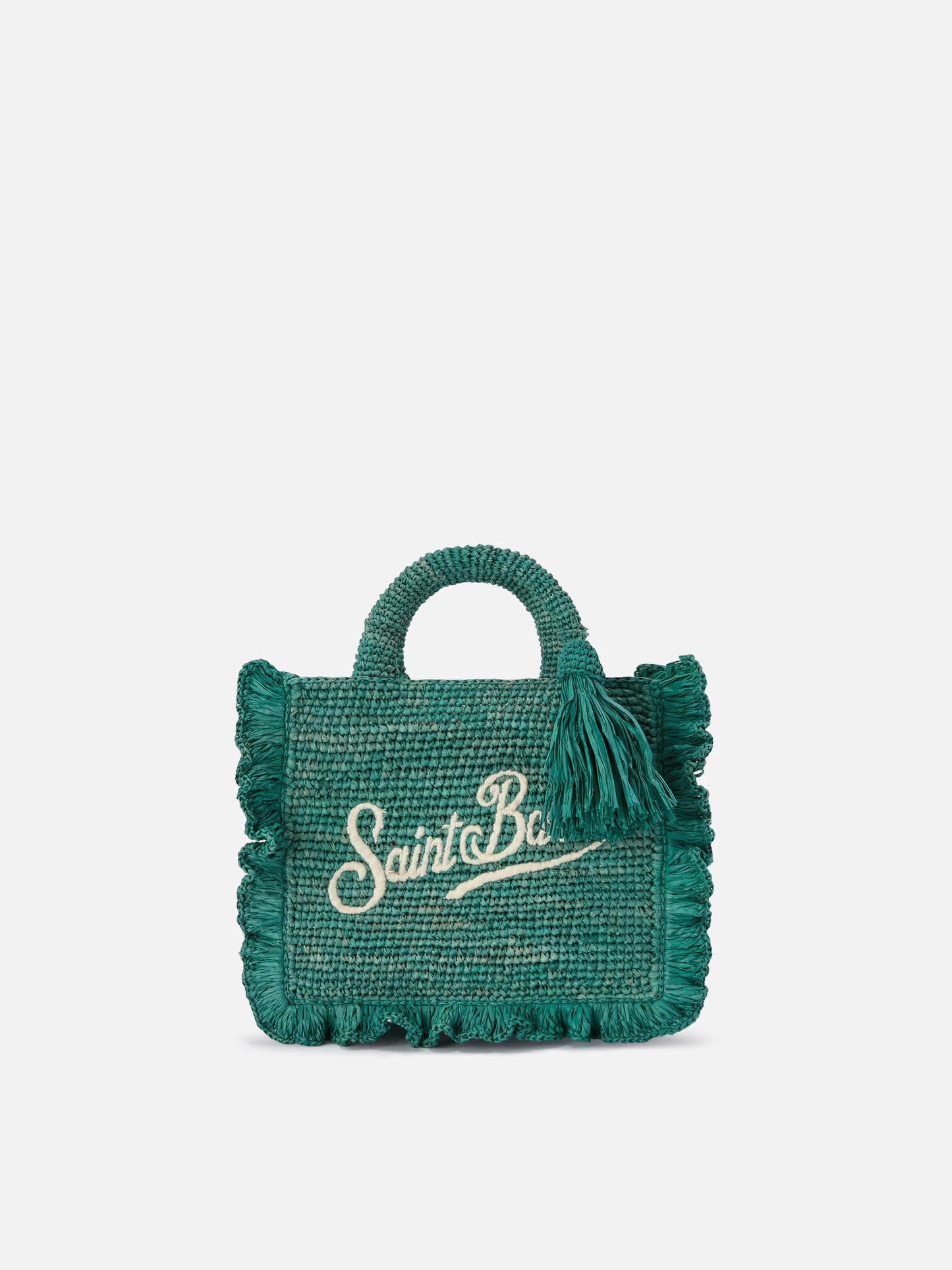 Bolso mini Volant de rafia azul claro con logotipo bordado 
