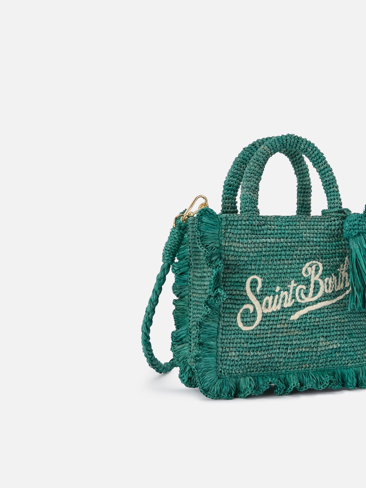 Bolso mini Volant de rafia azul claro con logotipo bordado 