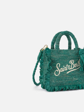 Bolso mini Volant de rafia azul claro con logotipo bordado 