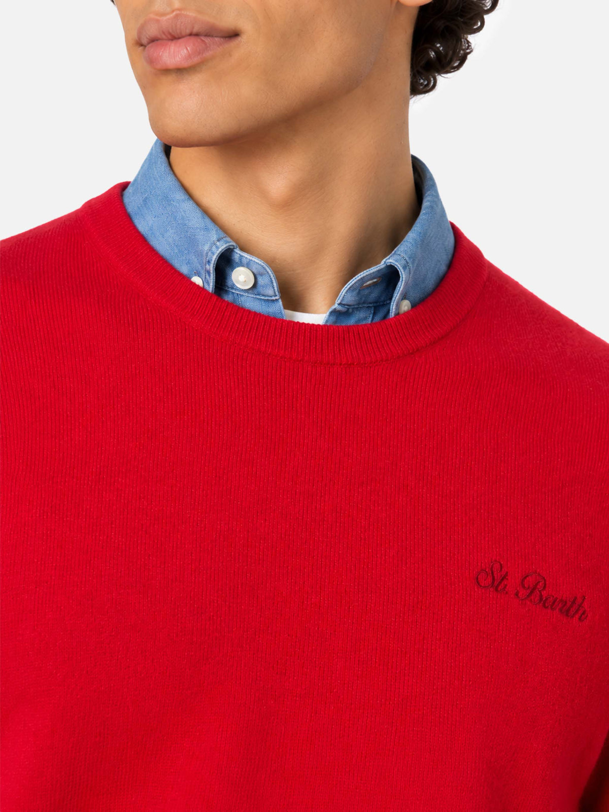 Red Regent crewneck sweater with tartan trim