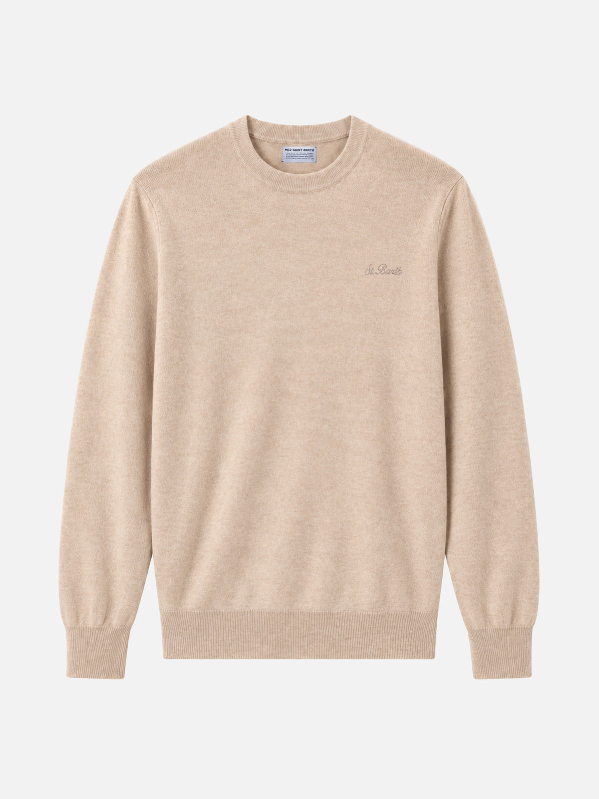 Beige Regent crewneck sweater with tartan trim