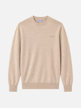 Beige Regent crewneck sweater with tartan trim