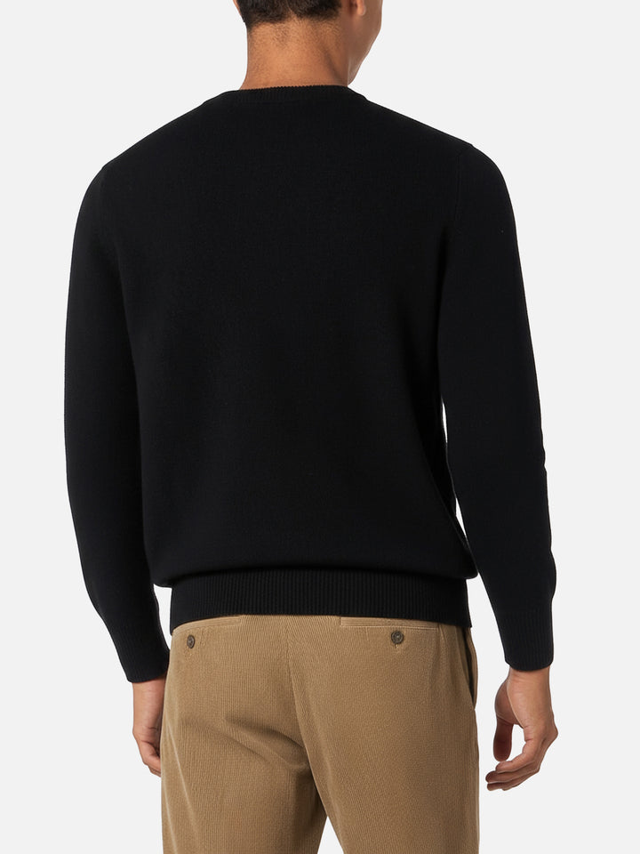 Crewneck sweater Regent in 100% black LAMBSWOOL