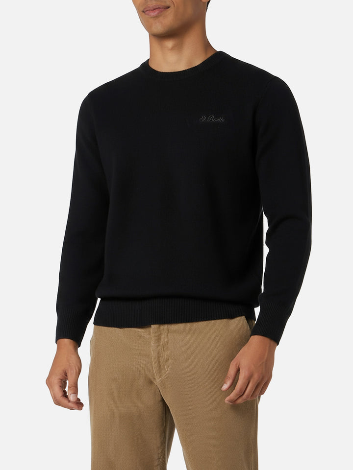 Crewneck sweater Regent in 100% black LAMBSWOOL