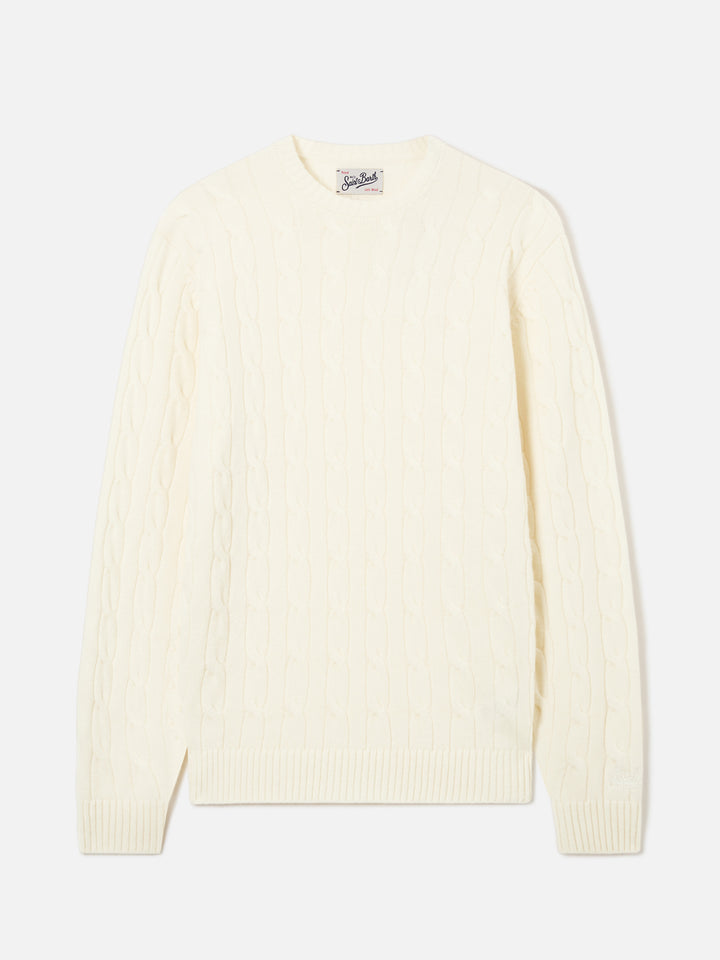 Pull col rond Regent en laine off white avec maille torsadée 
