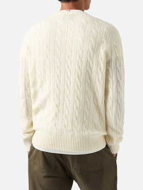Jersey de cuello redondo Regent de lana color off white con punto trenzado 