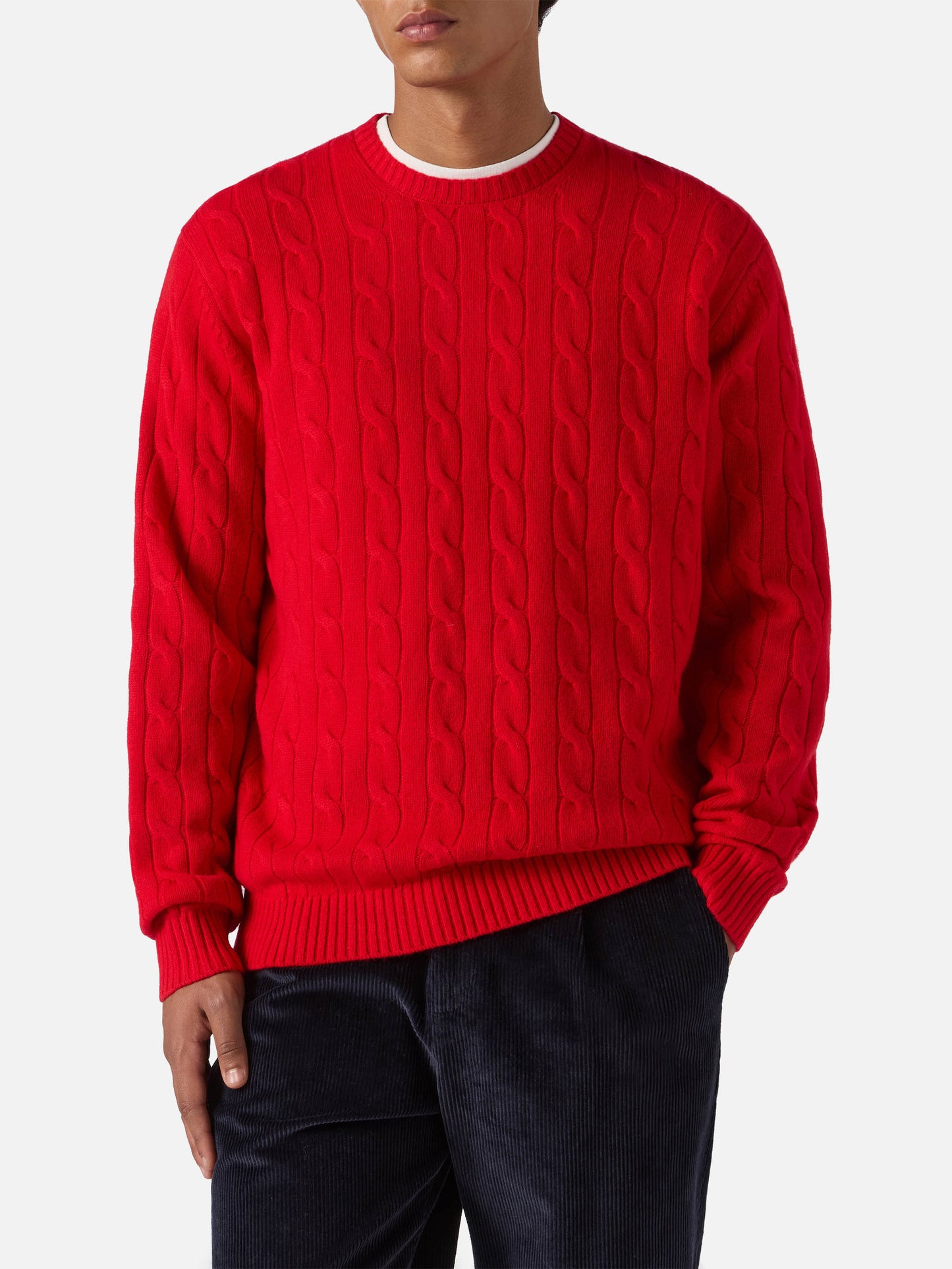 Rundhals-Zopfstrickpullover Regent aus 100 % roter Wolle