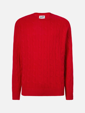 Rundhals-Zopfstrickpullover Regent aus 100 % roter Wolle