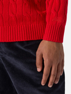 Rundhals-Zopfstrickpullover Regent aus 100 % roter Wolle