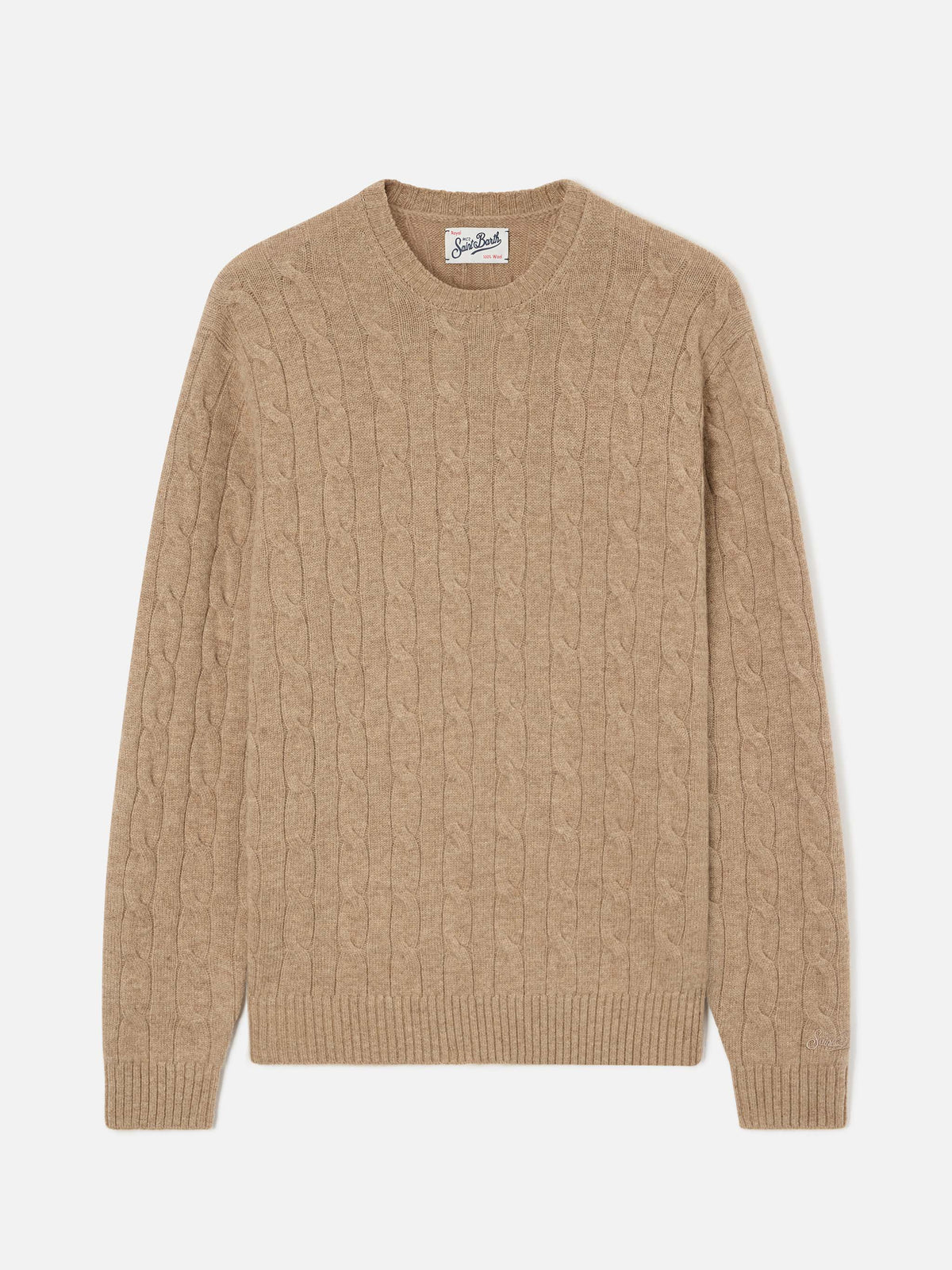 Khaki Regent wool crewneck with cable knit
