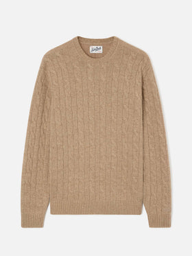 Khaki Regent wool crewneck with cable knit
