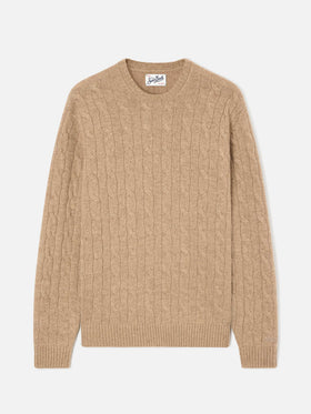 Khaki Regent Wollpullover mit Rundhalsausschnitt und Zopfmuster 