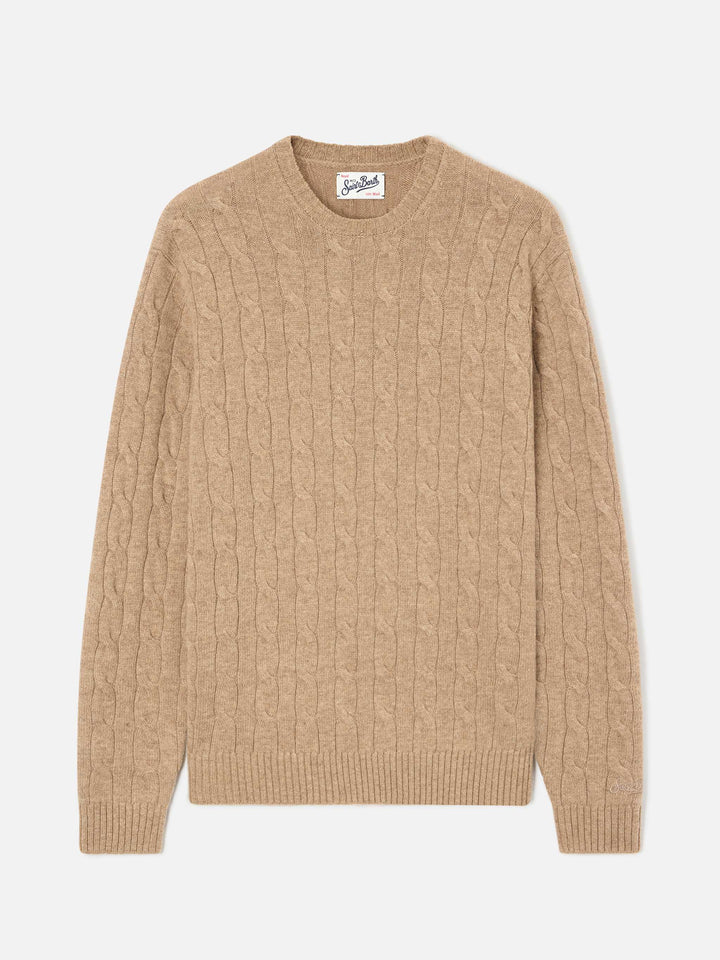 Khaki Regent Wollpullover mit Rundhalsausschnitt und Zopfmuster 
