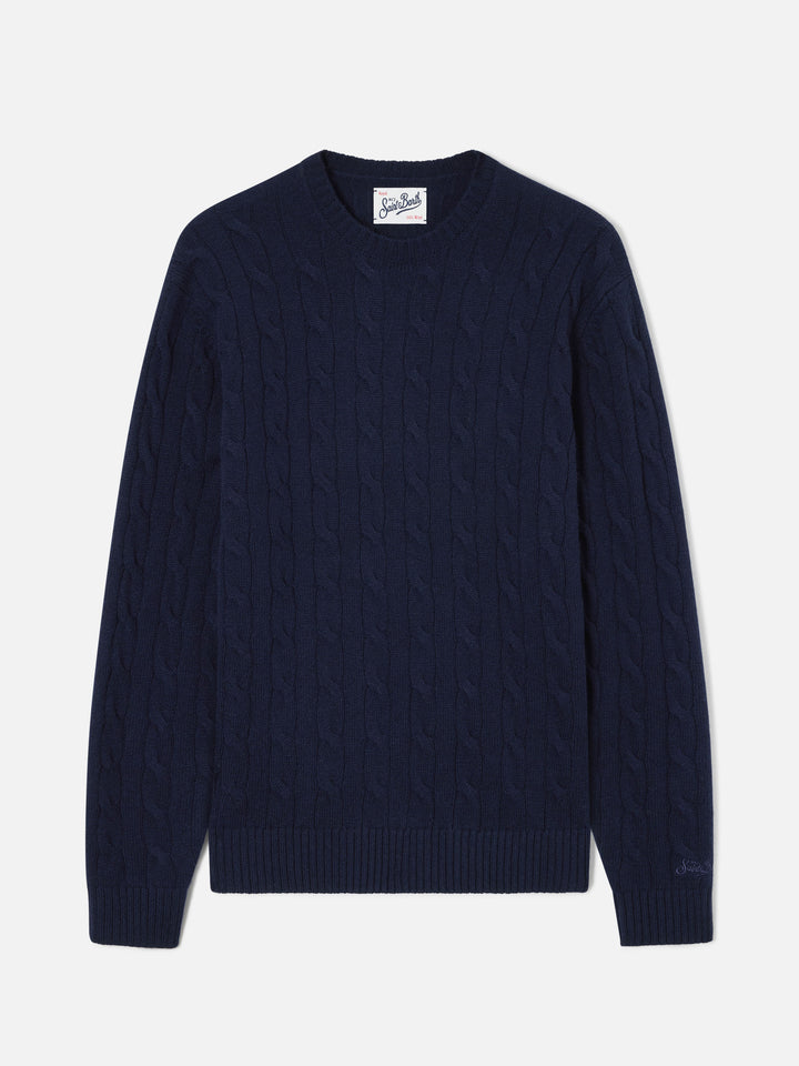 Jersey de cuello redondo Regent de lana con punto trenzado en Navy blue 