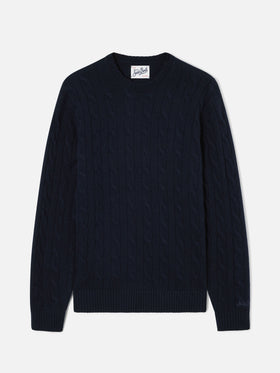 Jersey de cuello redondo Regent de lana con punto trenzado en Navy blue 