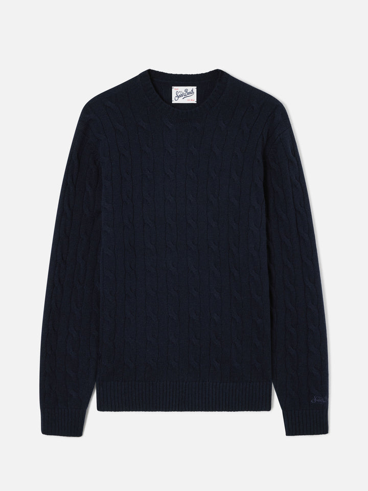 Marineblauer blue Regent Woll-Rundhalspullover mit Zopfmuster 