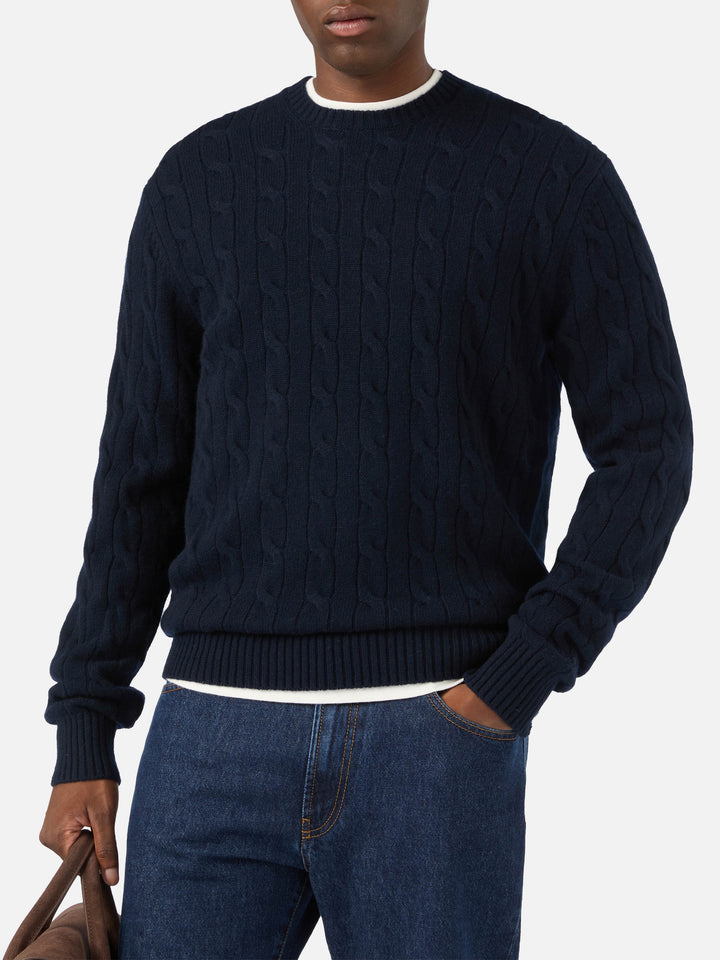 Marineblauer blue Regent Woll-Rundhalspullover mit Zopfmuster 