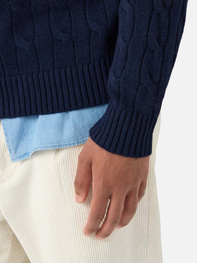 Rundhals-Zopfstrickpullover Regent aus 100 % marineblauer Wolle