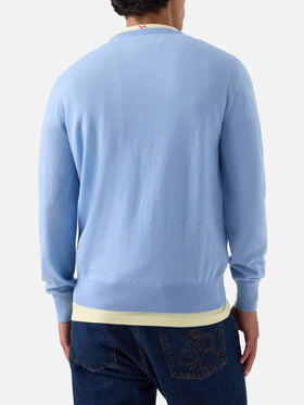 Maglia girocollo Regent azzurra in misto lana merino e cashmere