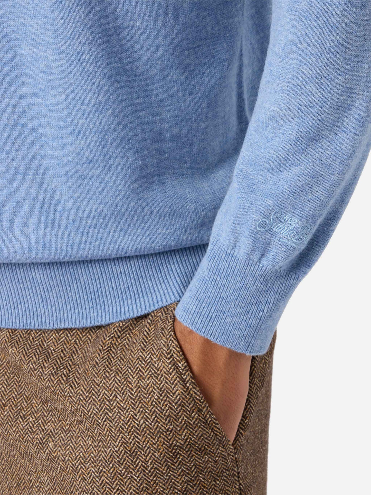 Regent-Pullover aus staubigem Blau, Merinowolle und Kaschmir