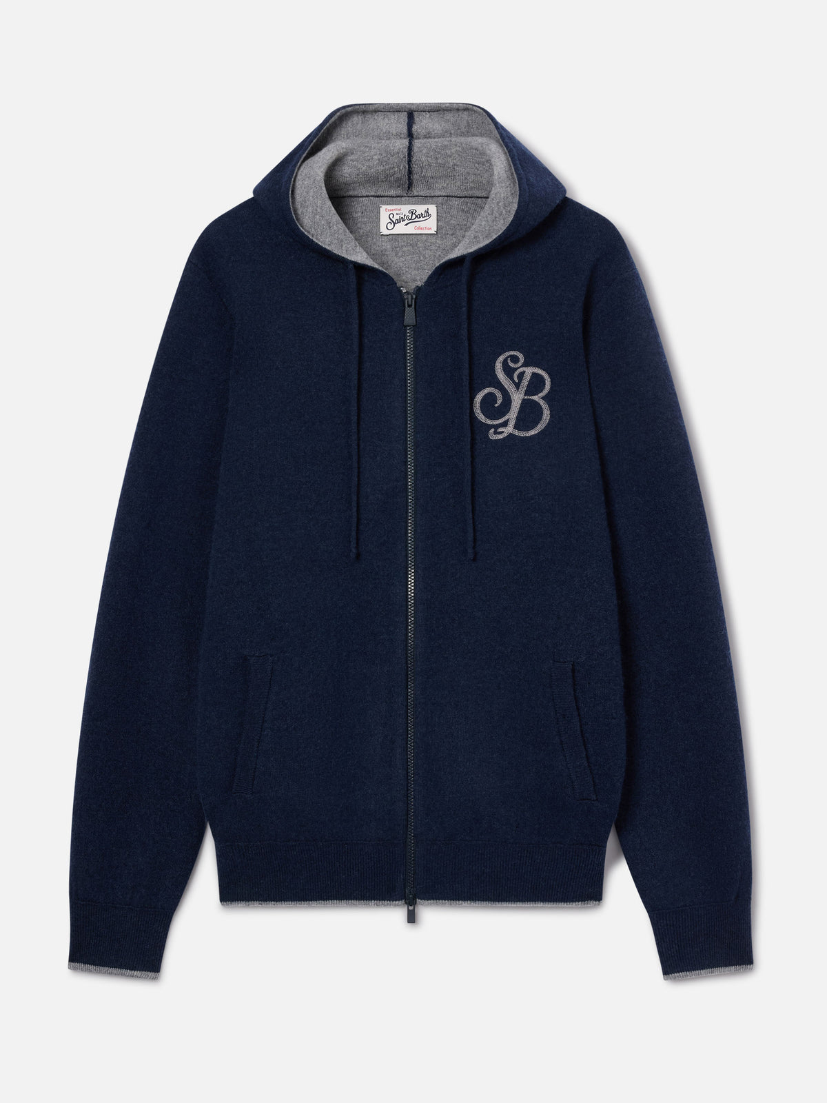 Navy blue Ridge wool hooded knit with SB Legacy monogram
