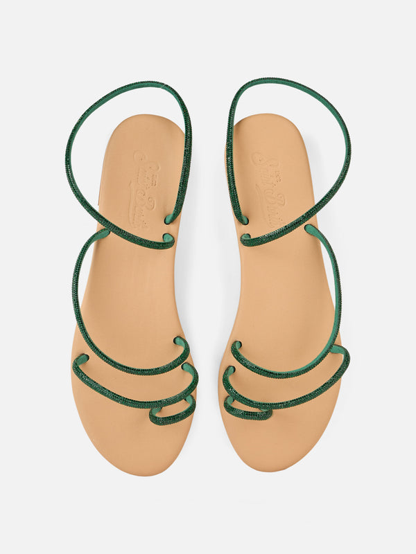Flat Ring Sandals with green rhinestones