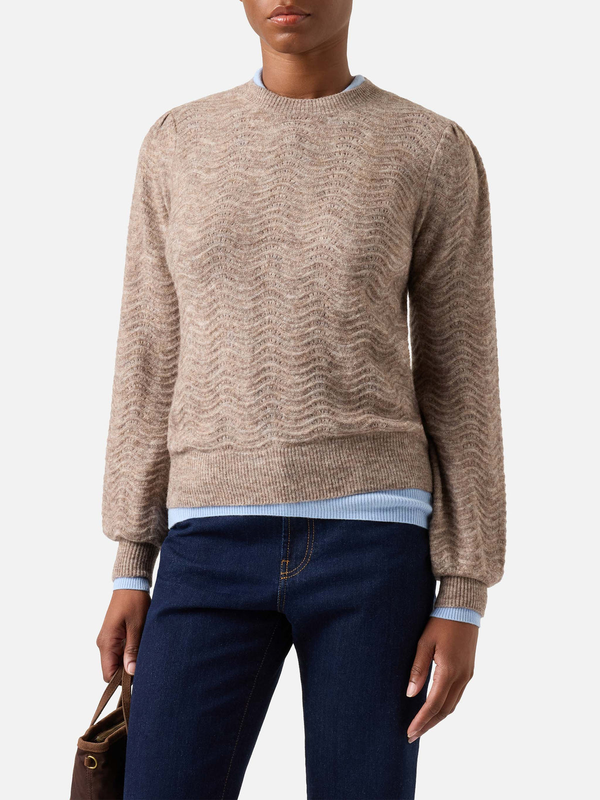 Nut Marienne soft alpaca wool blend crewneck knit with wave stitch
