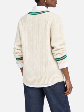 Pull col en V Roger blanc en mélange de cachemire avec patch 