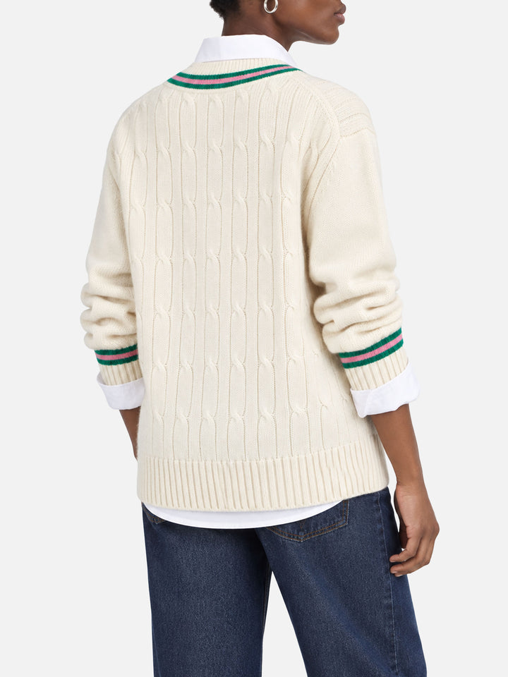 Pull col en V Roger blanc en mélange de cachemire avec patch 