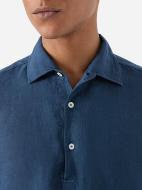 Polo Raphael a maniche lunghe in lino blu navy