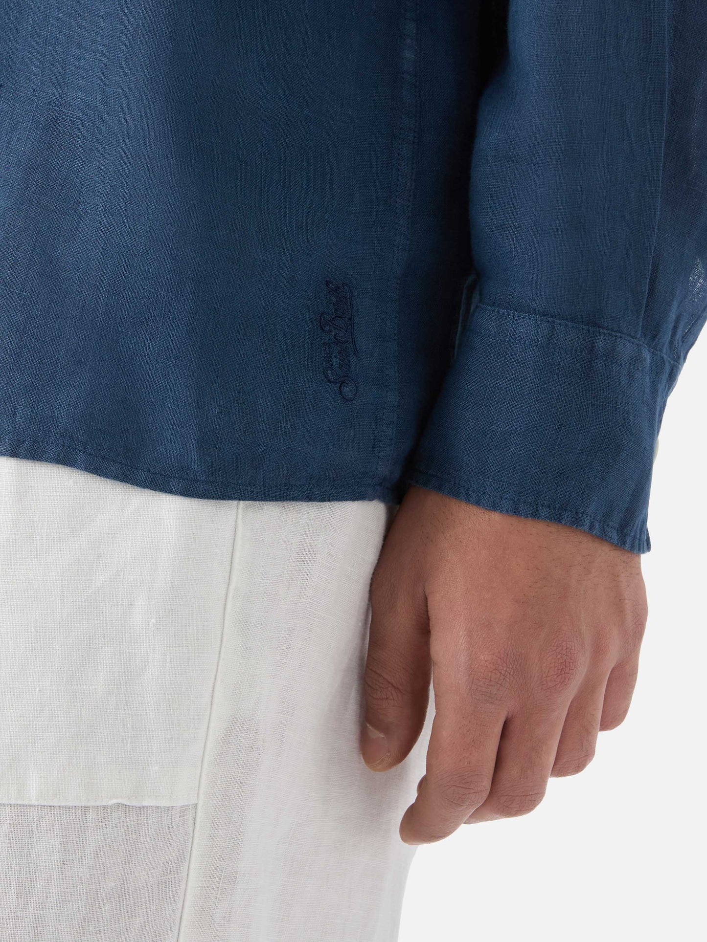 Polo Raphael a maniche lunghe in lino blu navy